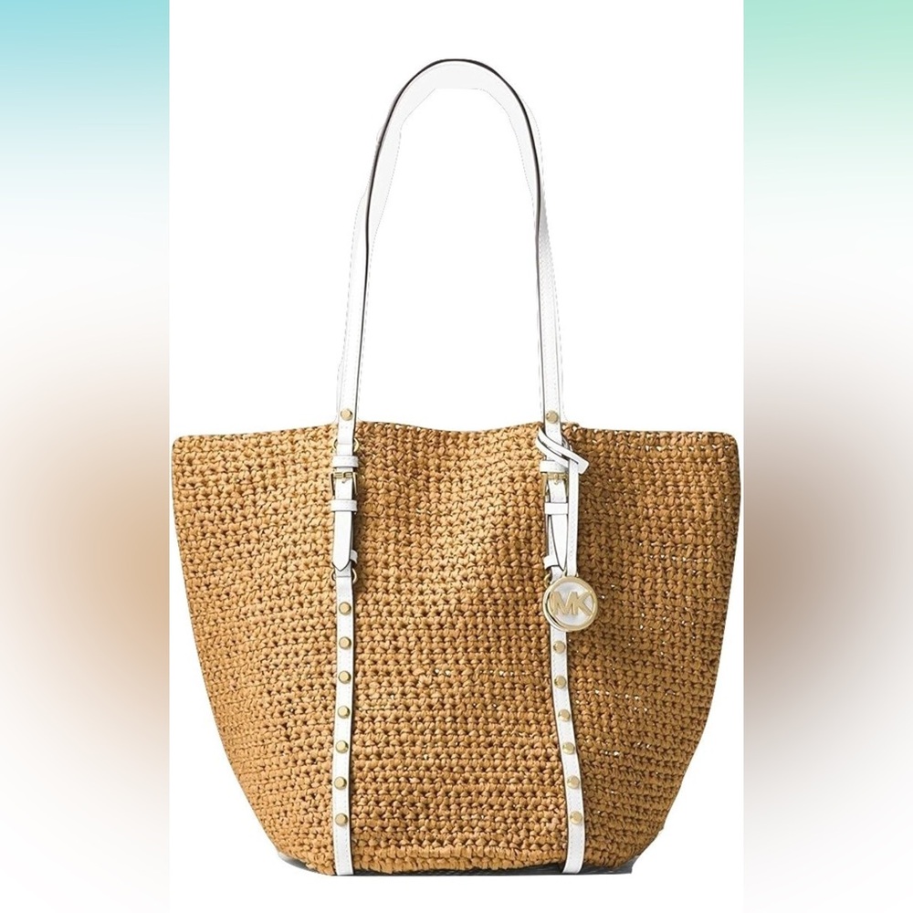 Large Studded Straw Shopper Tote Bag